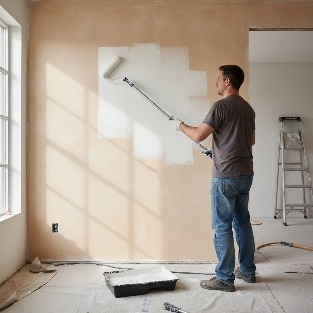 Applying bonding masonry primer on prepared limewash wall