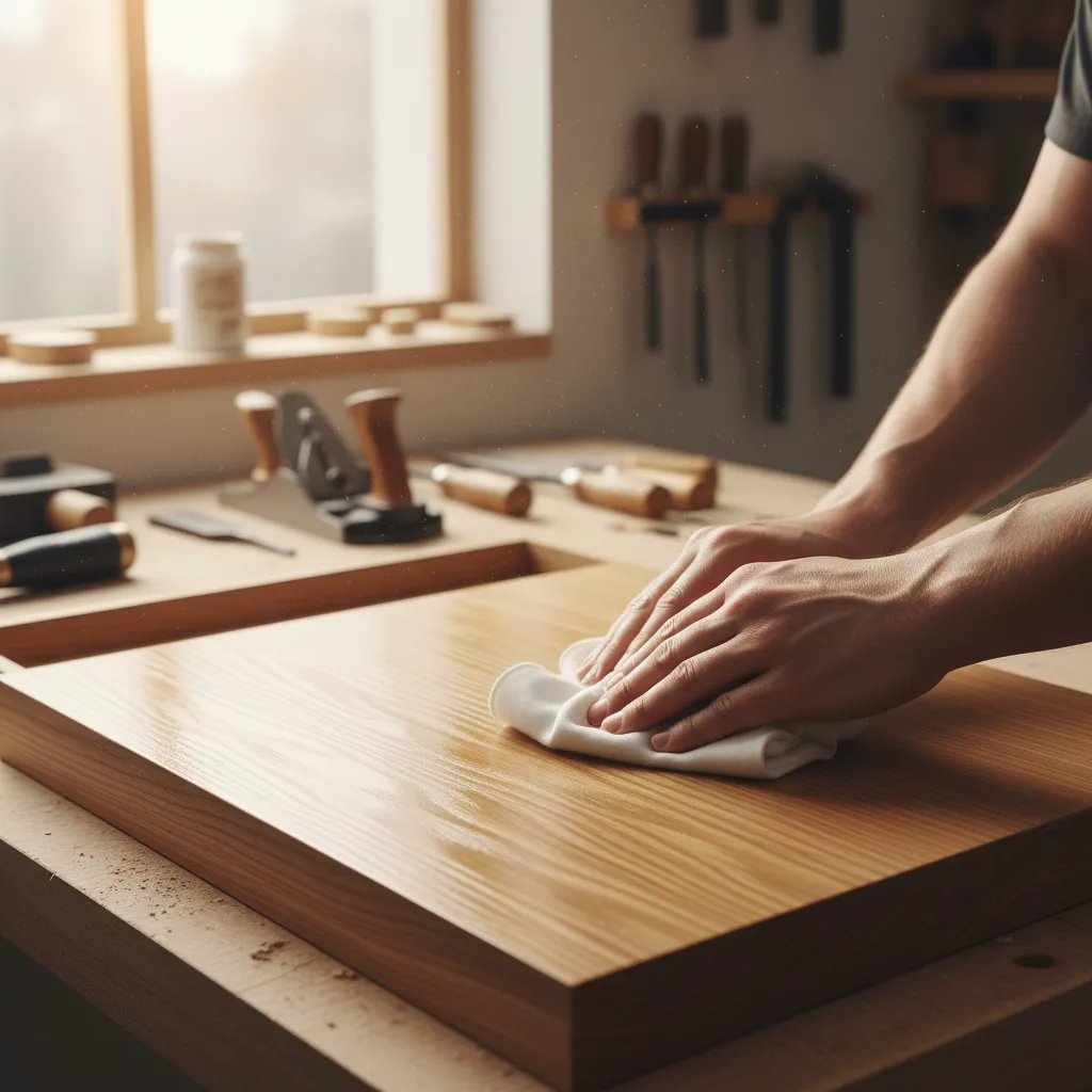 Applying mineral oil to wood cabinet surface with cloth