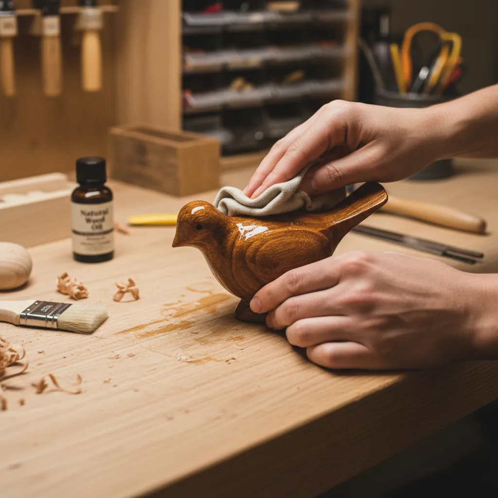 person applying protective oil finish to a small wooden decoration