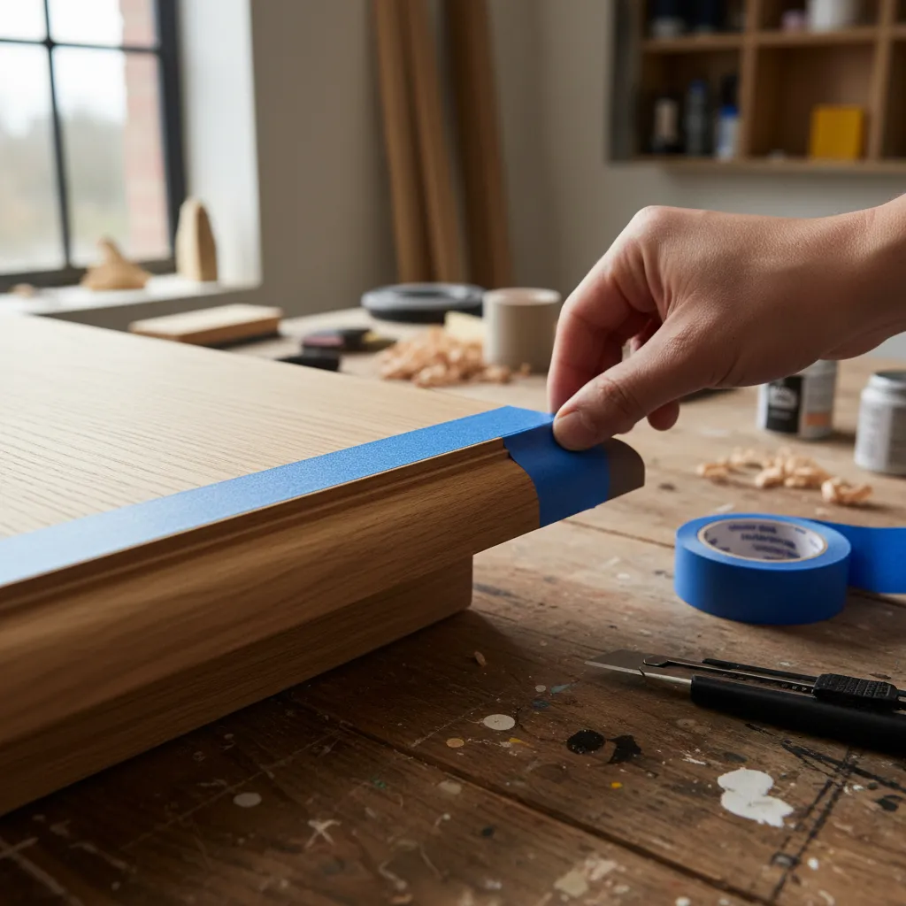 Applying painters tape carefully along furniture edge for two tone painting