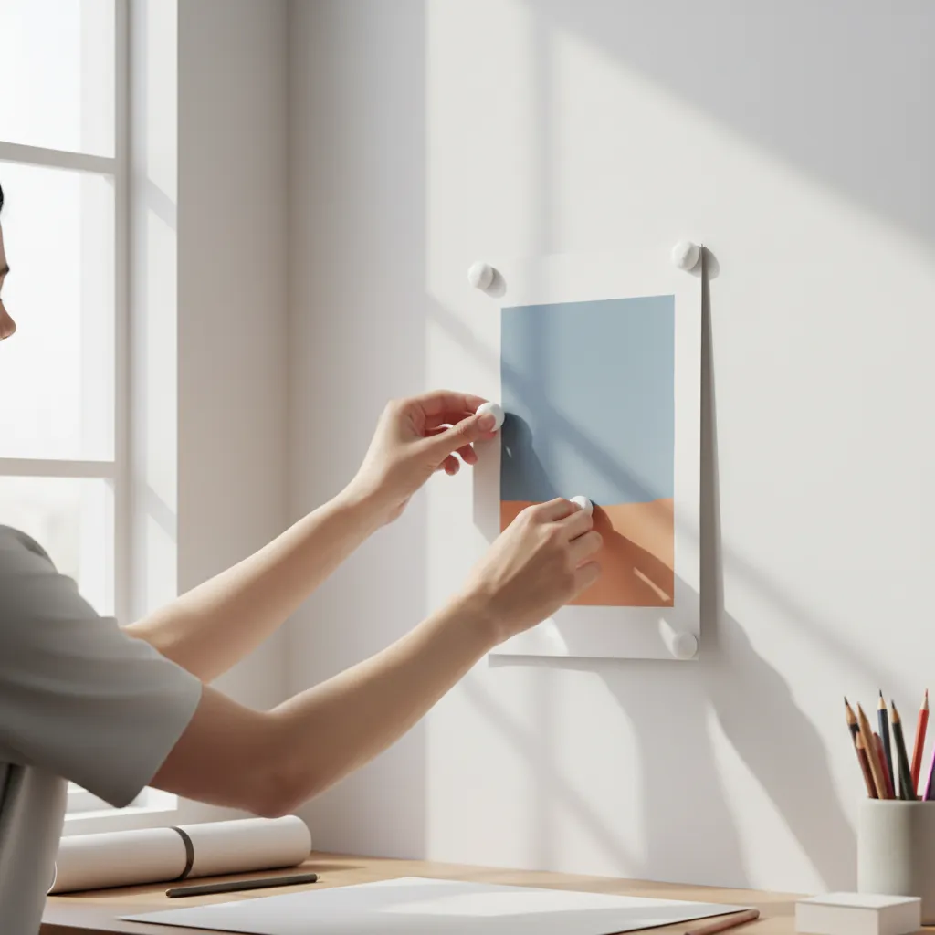 applying poster putty to the corners of paper before sticking to wall