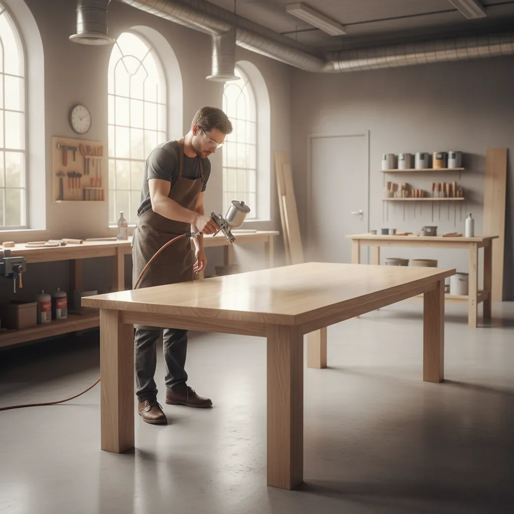 Applying protective finish to a wooden kitchen table during restoration