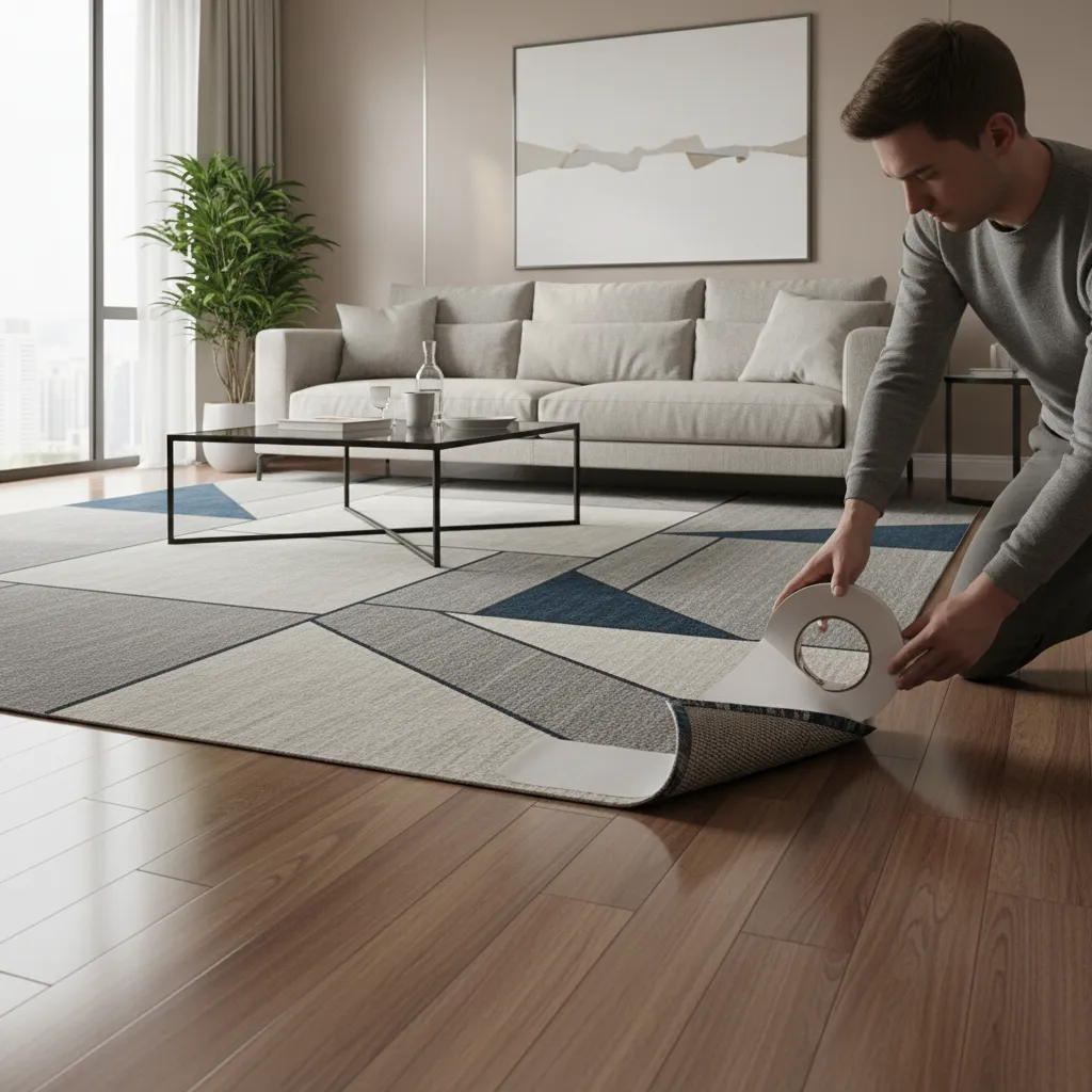 double sided rug tape applied under rug corner on hardwood floor
