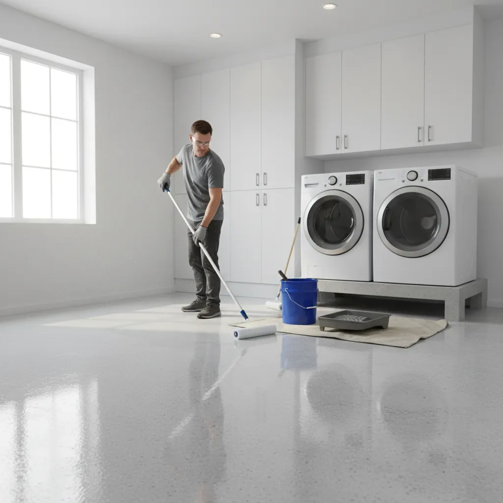Applying clear sealer on painted concrete laundry room floor