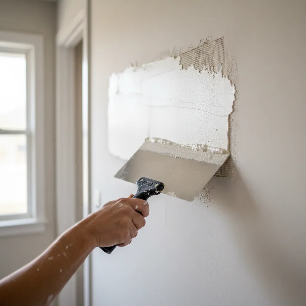 Applying thin skim coat to smooth drywall patch with wide drywall knife