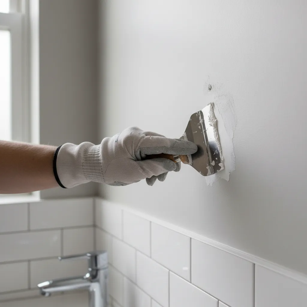 hand applying spackle with putty knife to small drywall hole