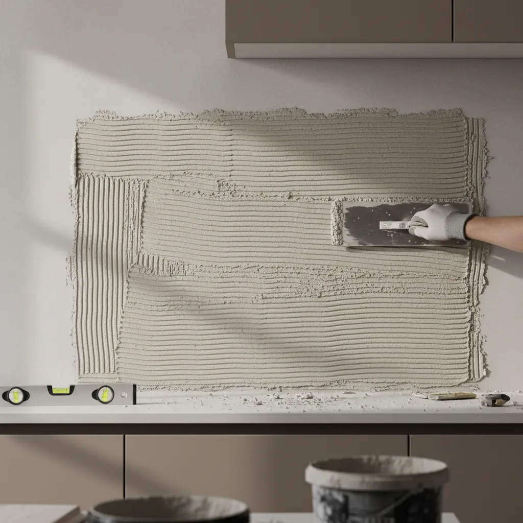 notched trowel spreading thinset mortar on kitchen wall for backsplash tile installation