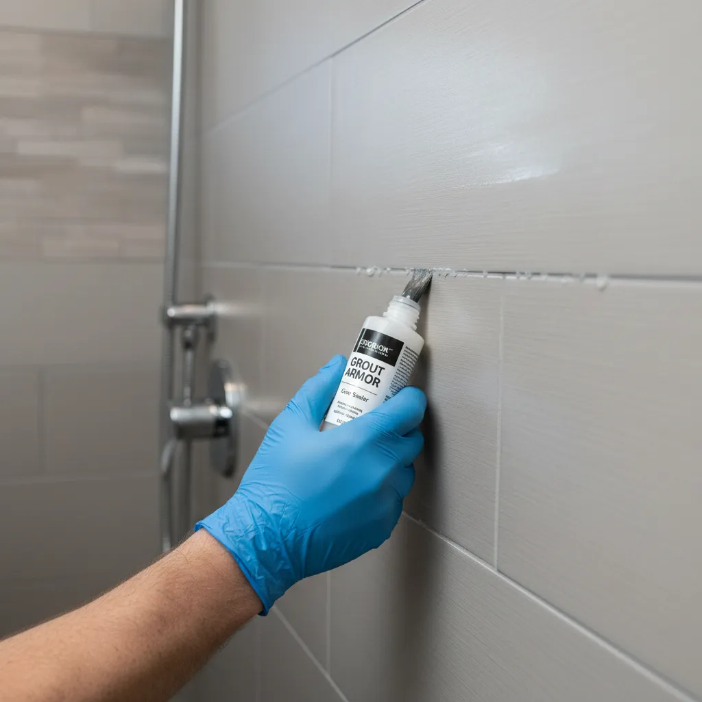 Applying protective sealant to bathroom grout lines to prevent stains