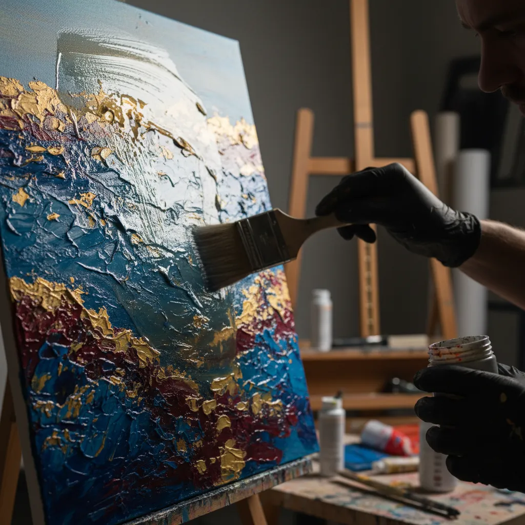 artist applying protective varnish to acrylic painting
