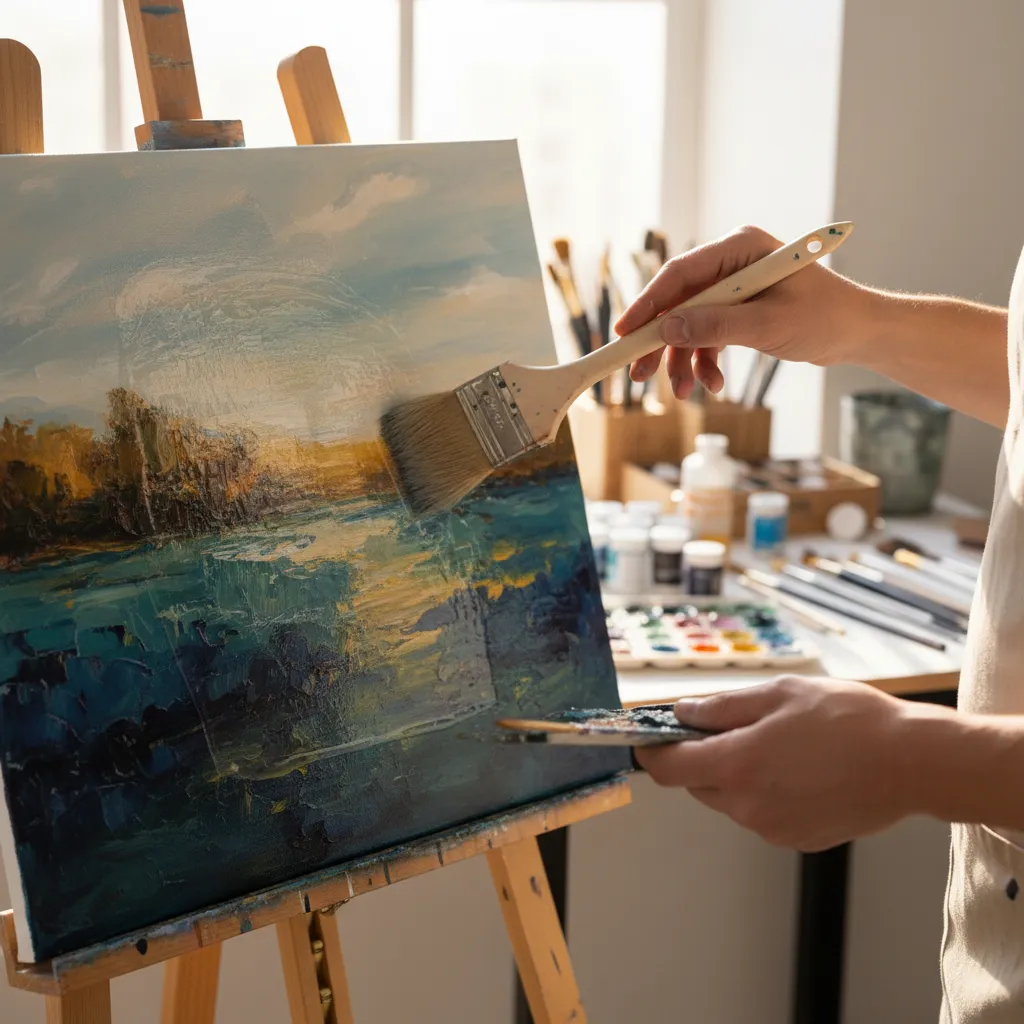 artist applying protective varnish on acrylic painting
