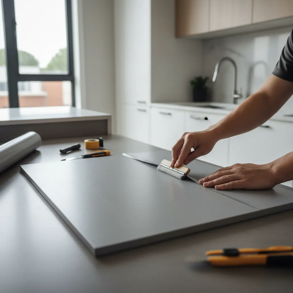 Close-up of applying vinyl cabinet sticker to cabinet door