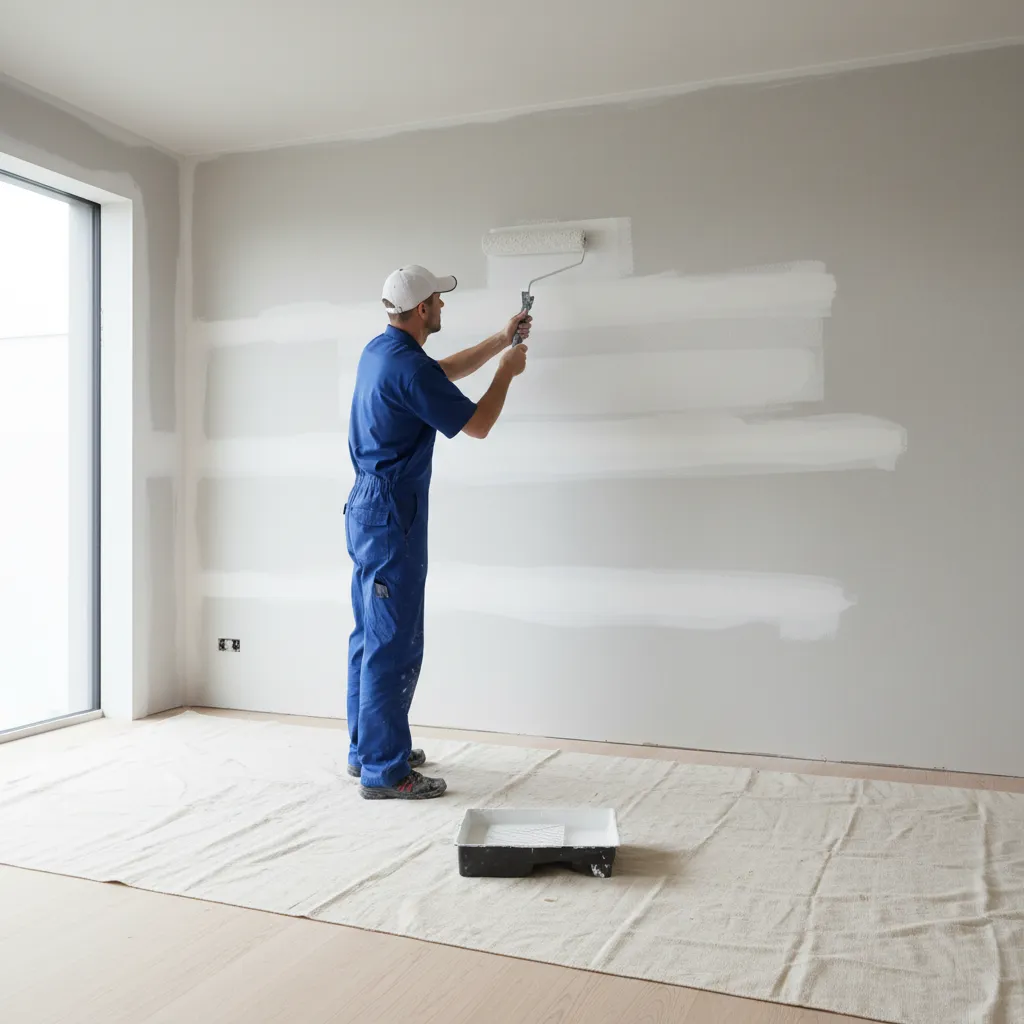 painter applying white primer coat on interior drywall using roller