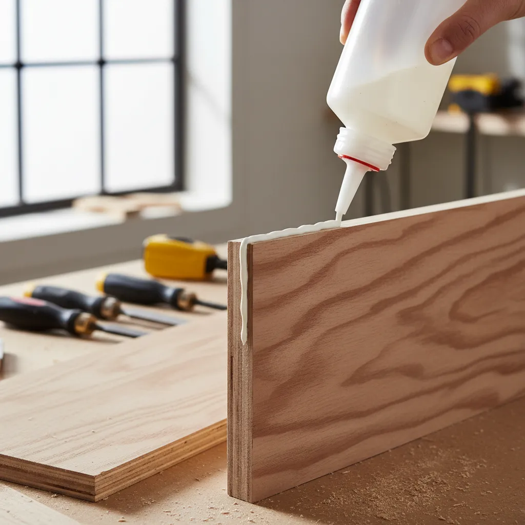 Applying wood glue to cabinet joint before clamping