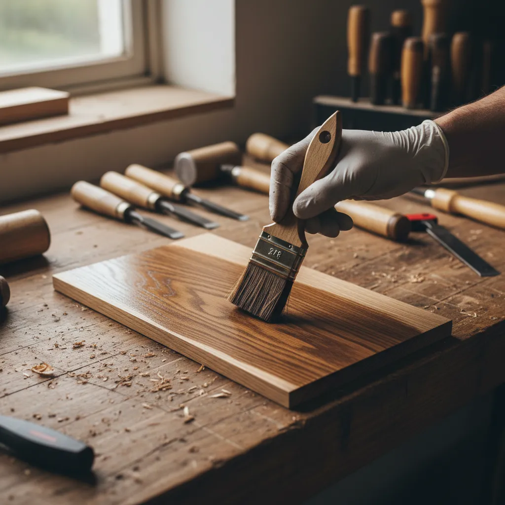 Applying wood stain on sample board showing wet color before drying