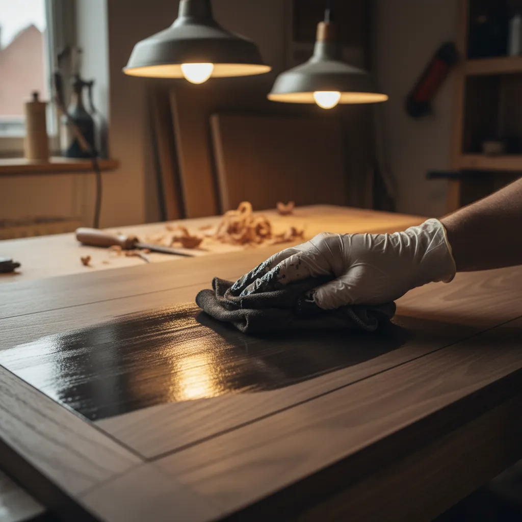 applying wood stain evenly with cloth on wooden cabinet panel
