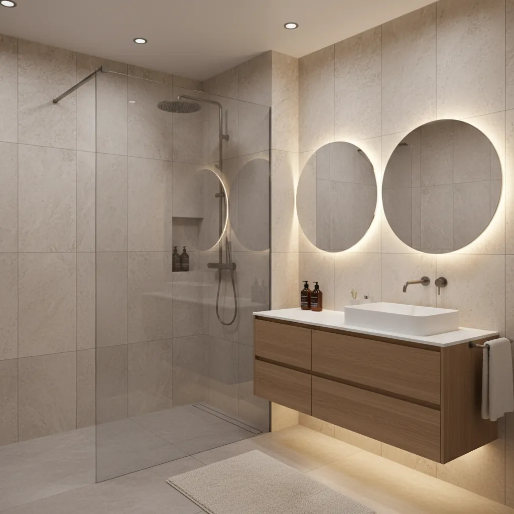 finished modern bathroom remodel with walk-in shower and vanity