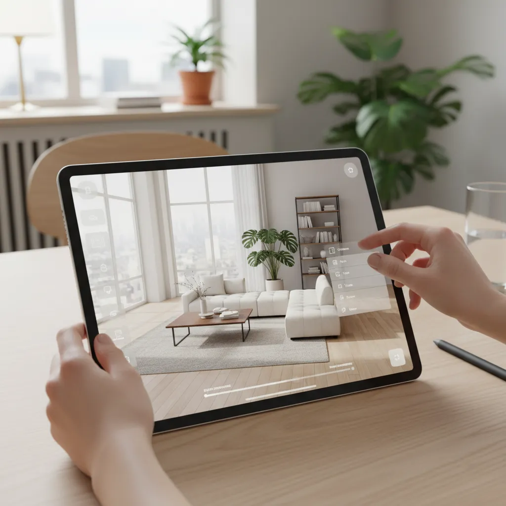 Persona usando una app de diseño interior en una tablet para organizar muebles en un salón