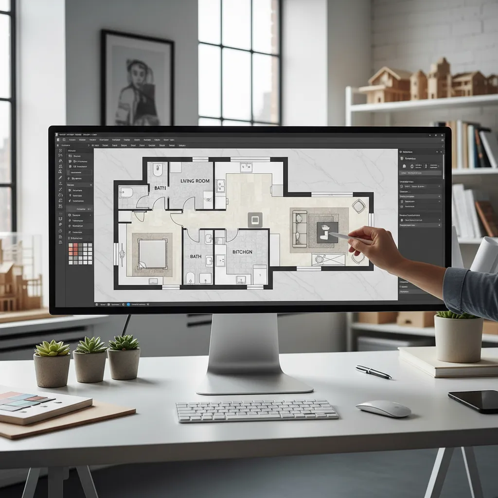 Aplicación de diseño mostrando plano de vivienda en pantalla