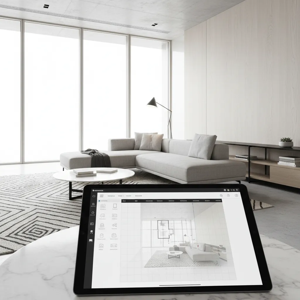 Tablet on table showing Coohom app with modern living room and grey sofa in background