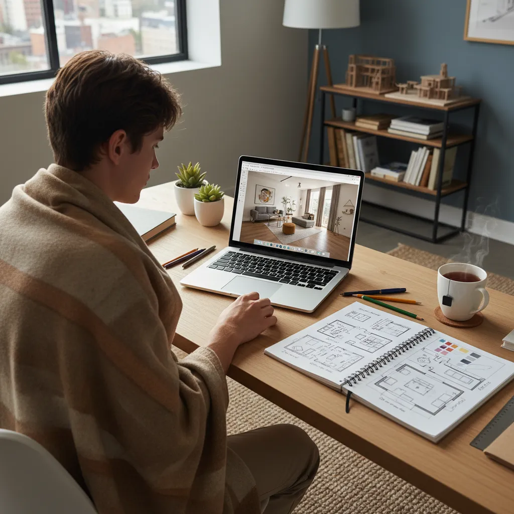 Persona aprendiendo diseño interior con portátil y bocetos de habitación