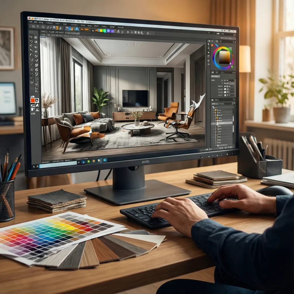 Persona usando software de diseño interior en ordenador