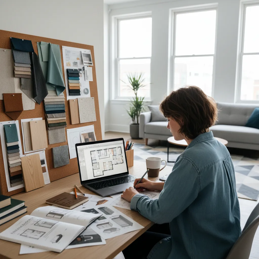 estudiante aprendiendo diseño de interiores en ordenador con planos y moodboard