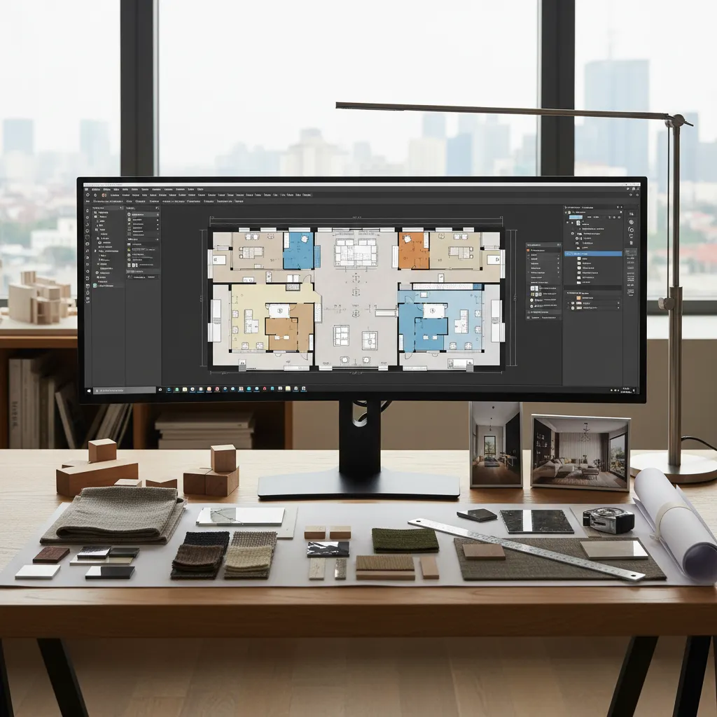 Plano de interior con muebles distribuidos en una pantalla de diseño