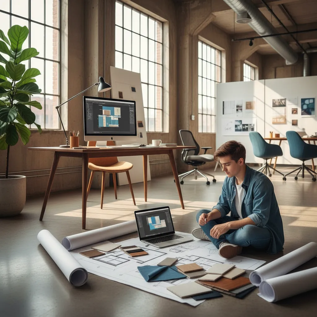 Estudiante trabajando en diseño de interiores con planos y portátil