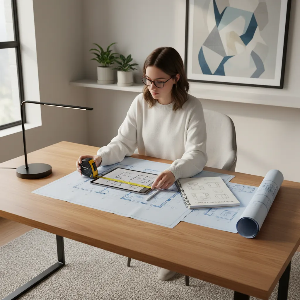 Woman using measuring tape on a tablet with room layout design on large wooden desk