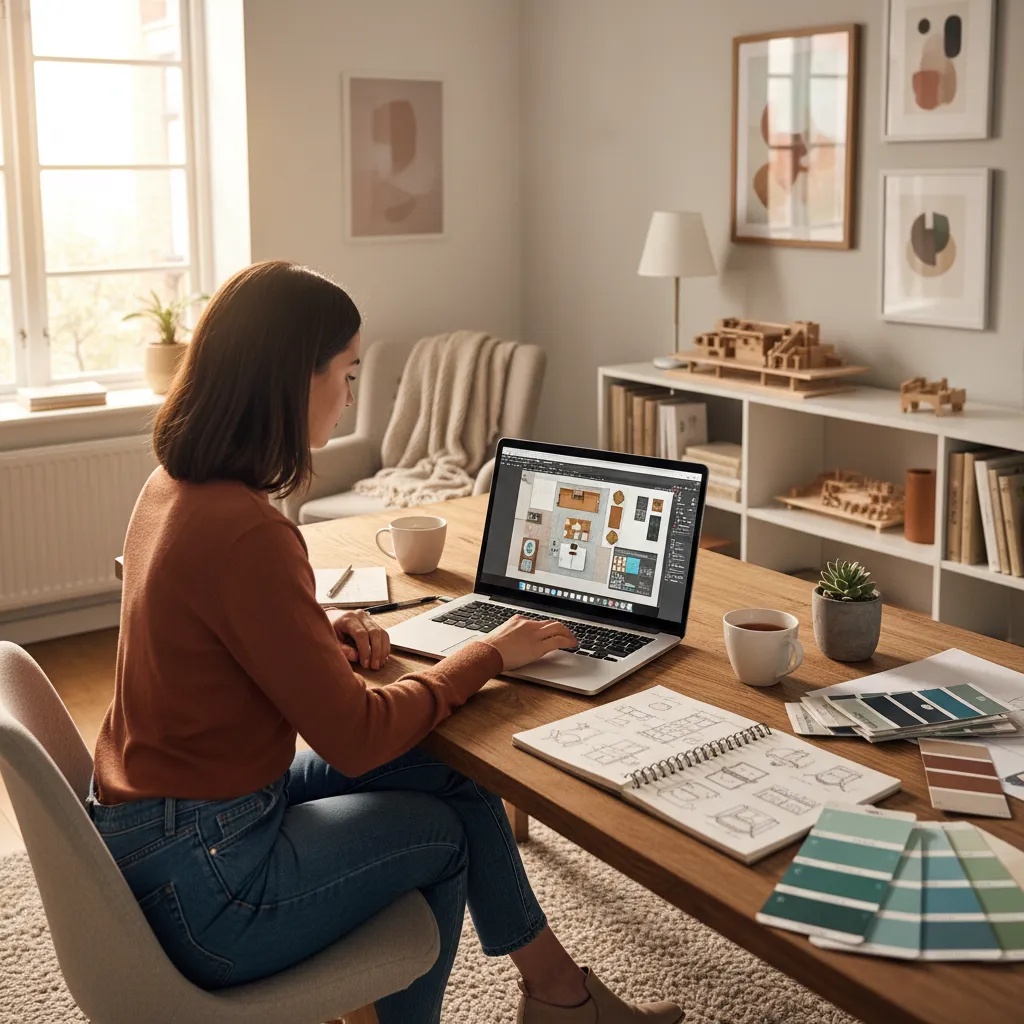 Persona estudiando diseño de interiores en ordenador con plano de habitación