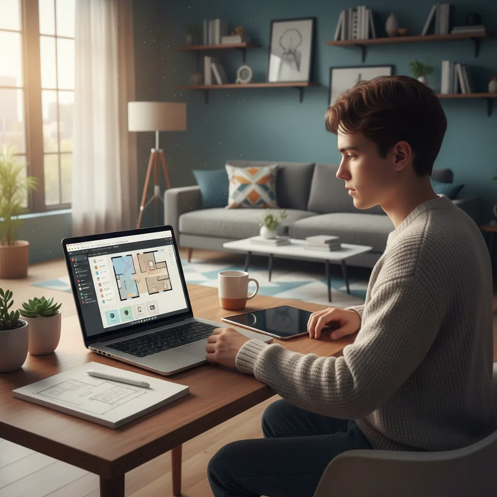 Man using interior design software on a laptop in a modern living room with sofa