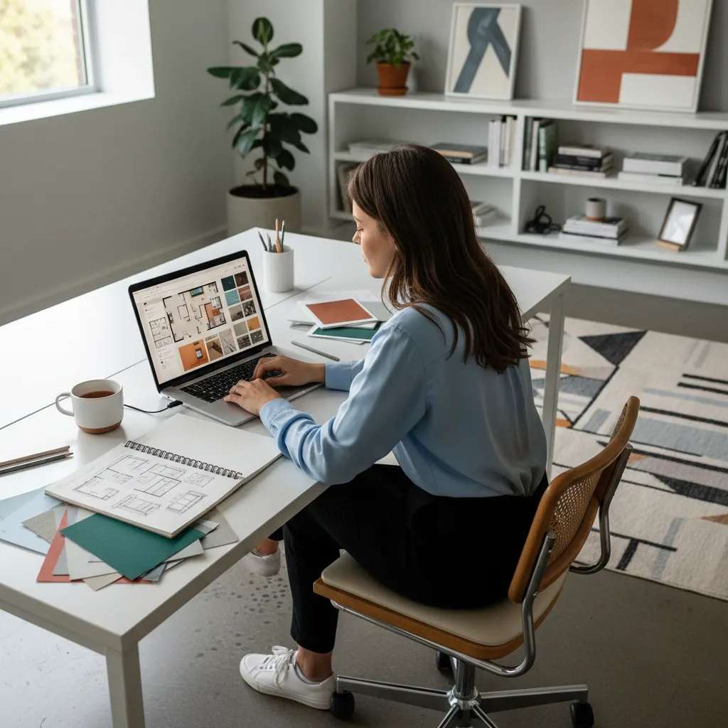 Estudiante practicando diseño de interiores con planos digitales