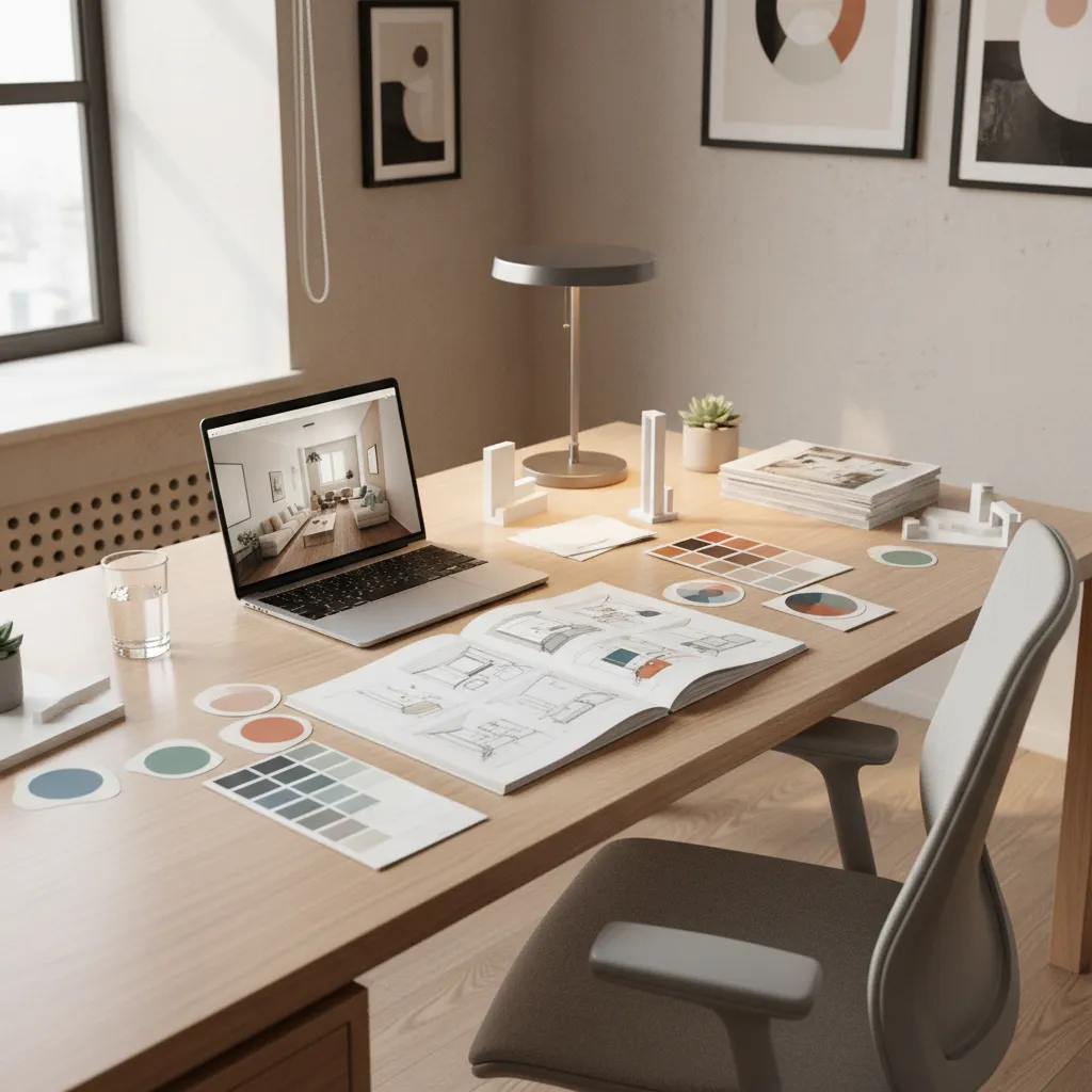 Persona estudiando diseño de interiores con planos y paletas de color