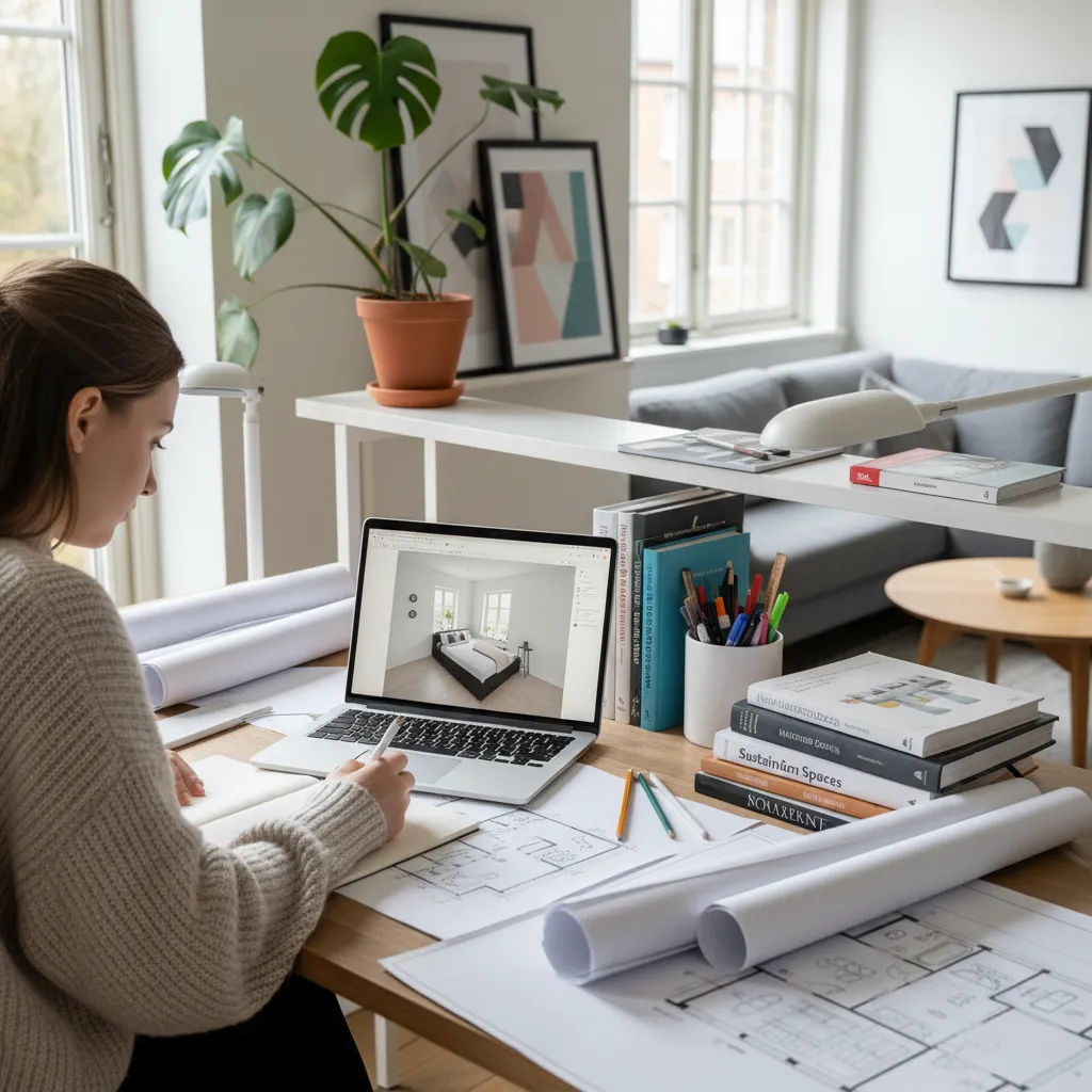 Persona aprendiendo diseño de interiores con planos y ordenador