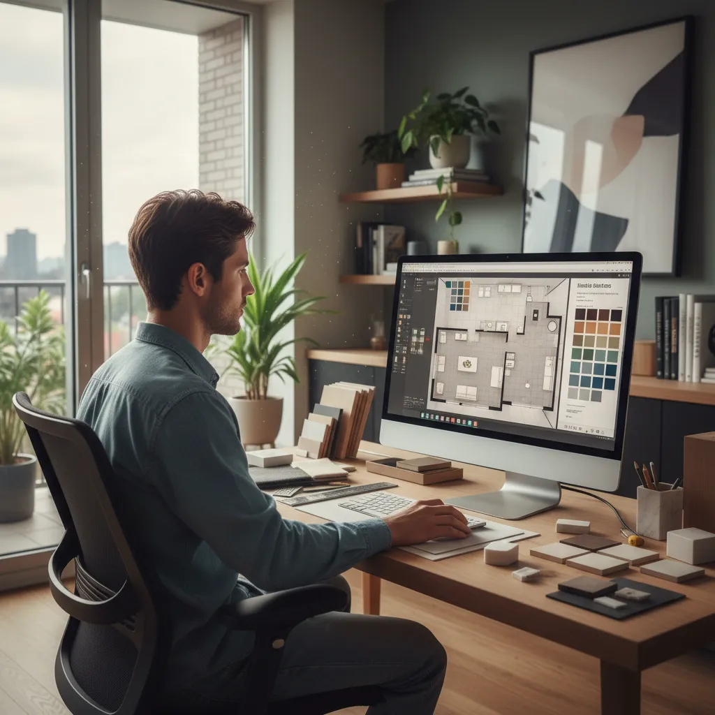 Persona estudiando diseño de interiores en un ordenador con planos y muestras de color