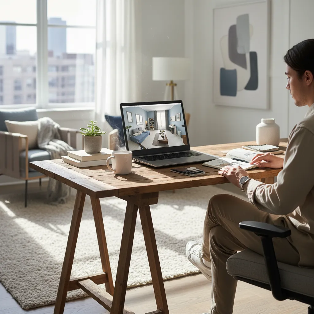 Man using laptop showing an interior design drawing while sitting at a wooden home desk