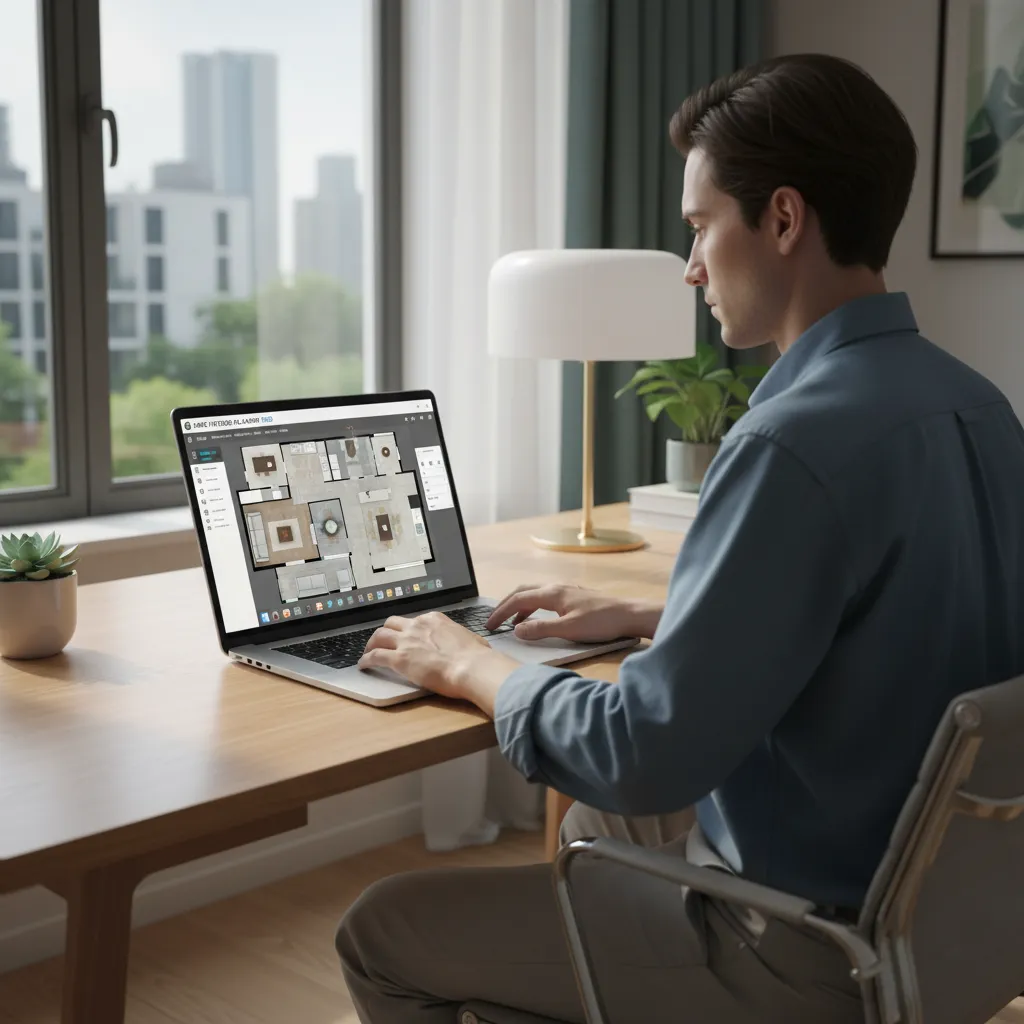 Persona utilizando software de diseño de interiores en ordenador portátil