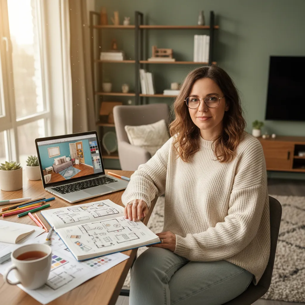 Persona estudiando diseño de interiores en casa con ordenador y cuaderno