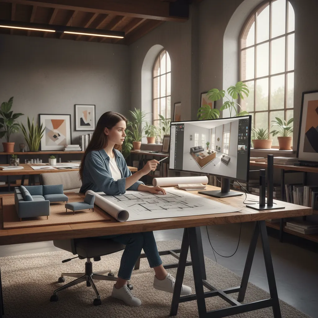Estudiante analizando distribución de un salón en planos y pantalla 3D