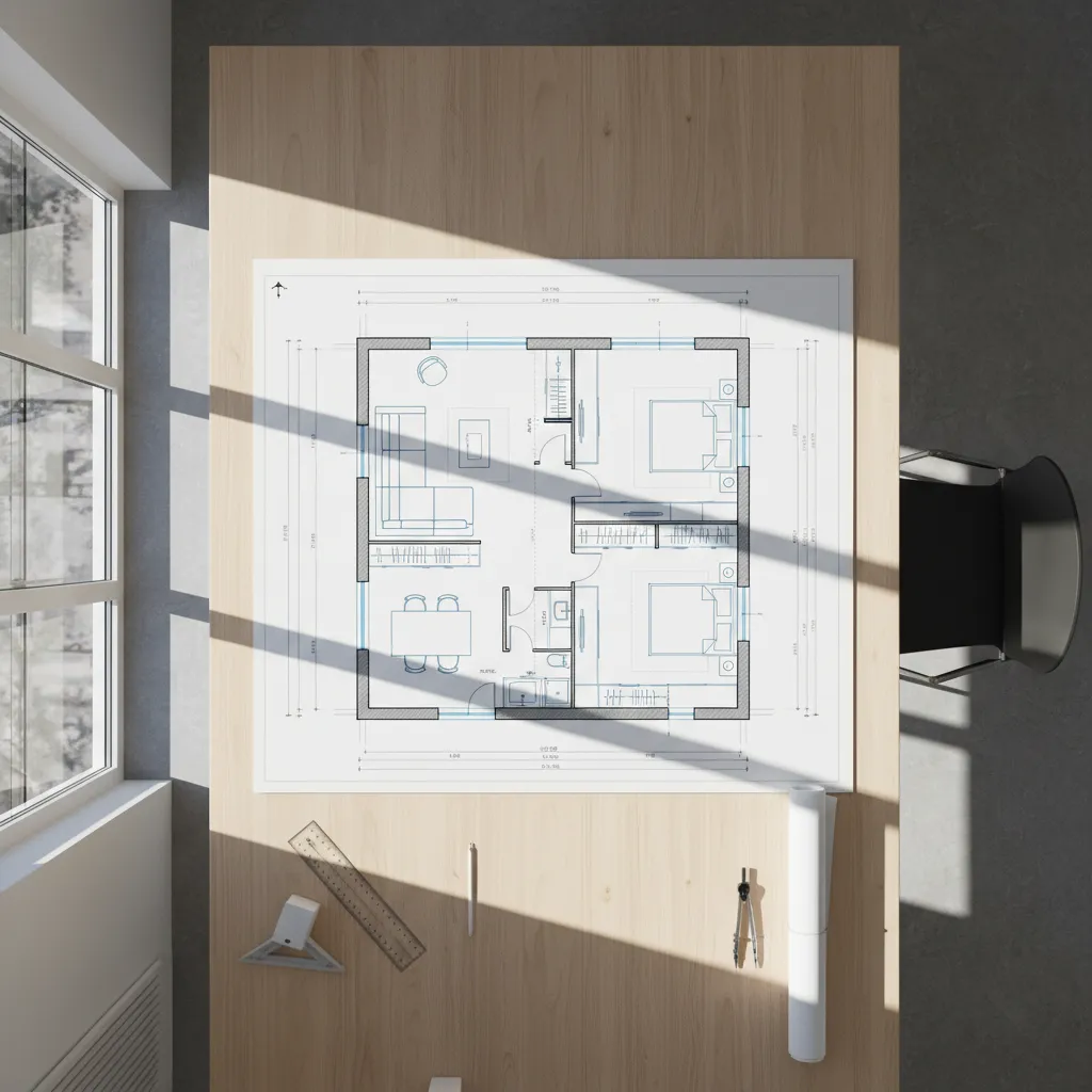 plano de distribución de vivienda con muebles y medidas