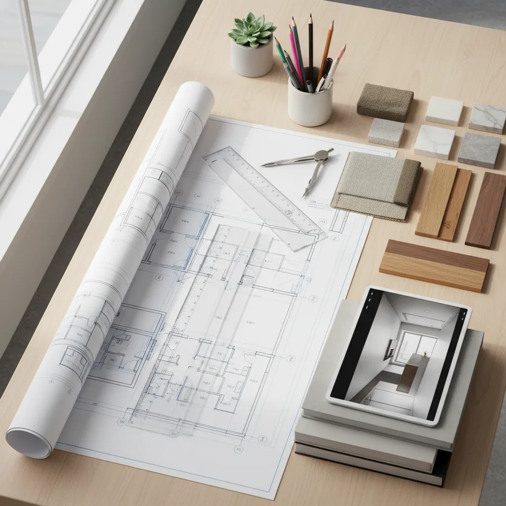 Mesa con planos de distribución de interiores, regla arquitectónica y muestras de materiales