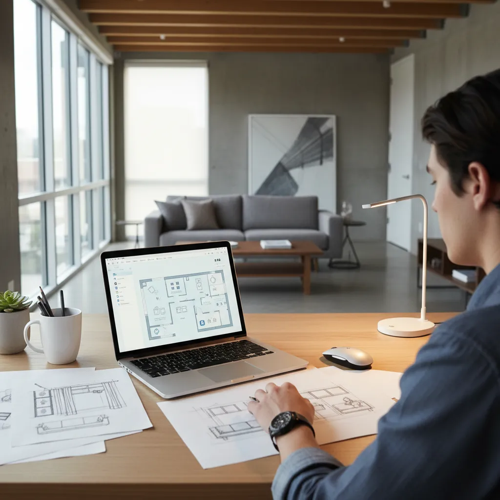 estudiante analizando plano de distribución de sala en computadora