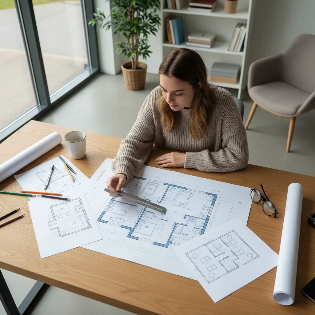 Estudiante trabajando en un plano de distribución interior