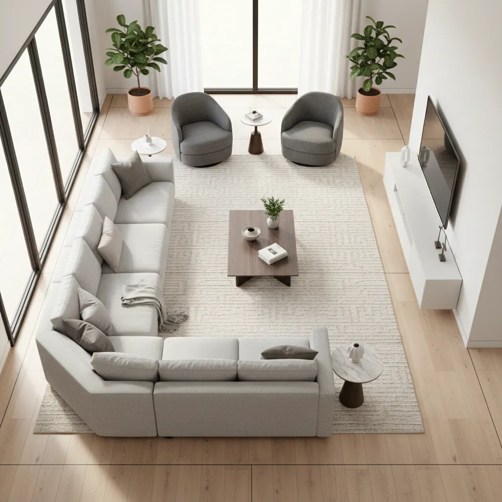 plano de distribución de sala de estar con muebles organizados