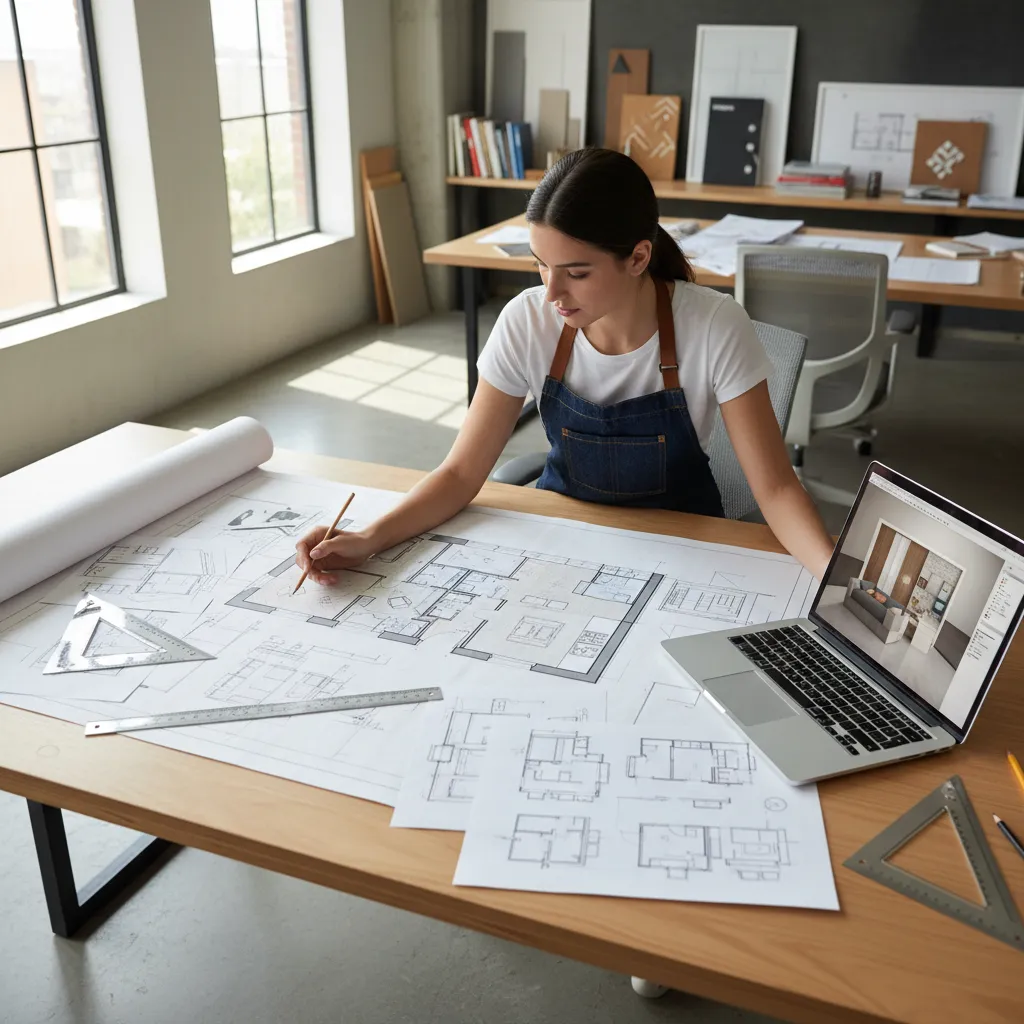 Estudiante revisando planos de distribución de un apartamento