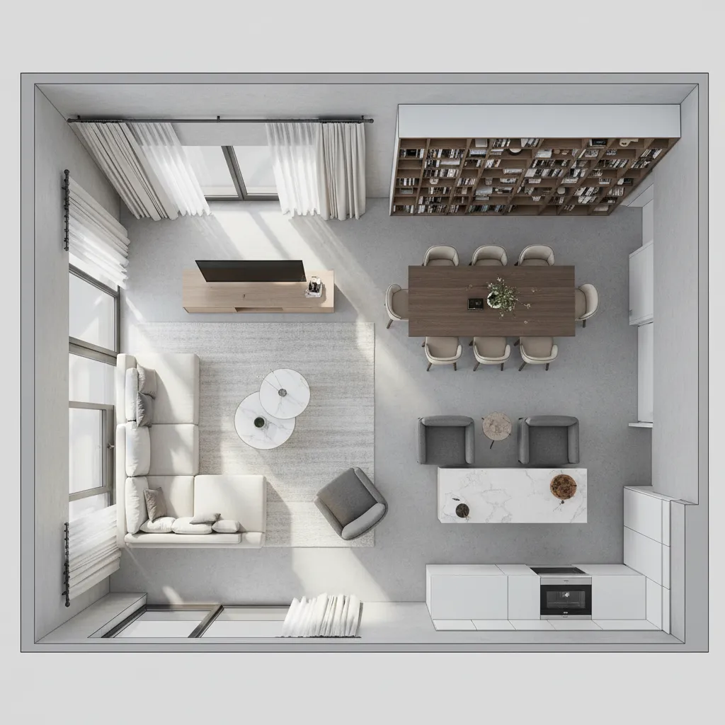 Plano de distribución de sala con muebles organizados