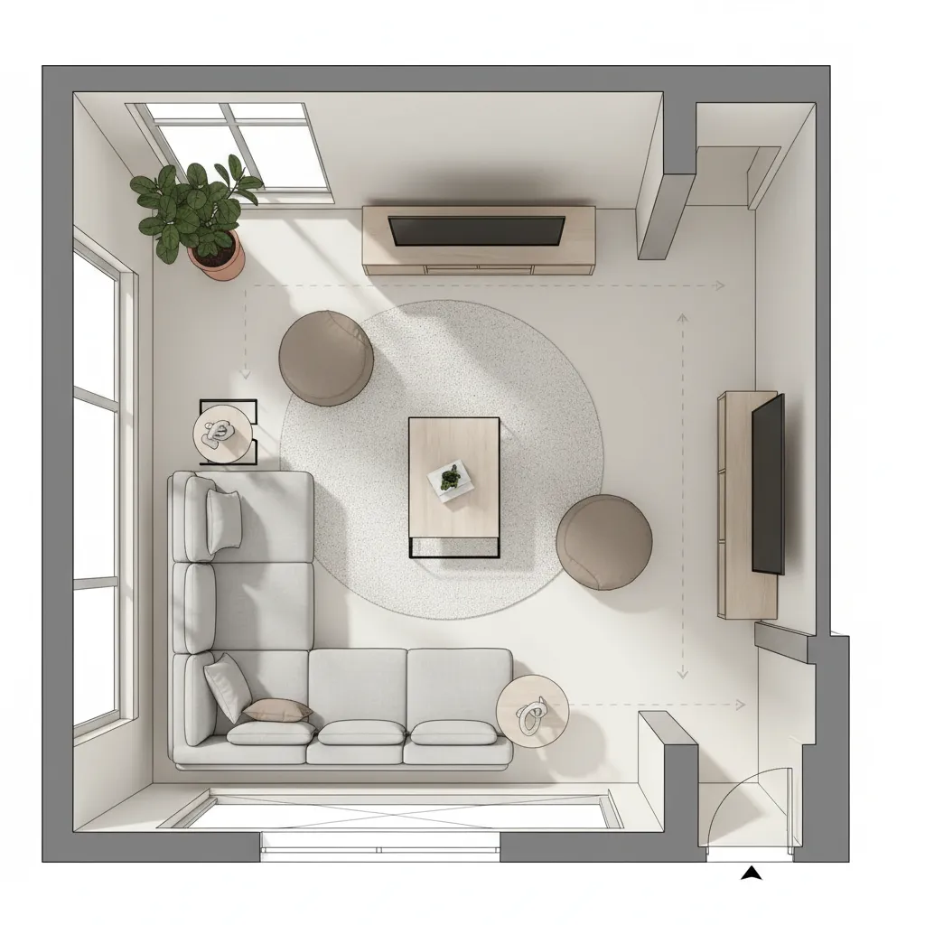 Plano de distribución de una sala con muebles organizados correctamente