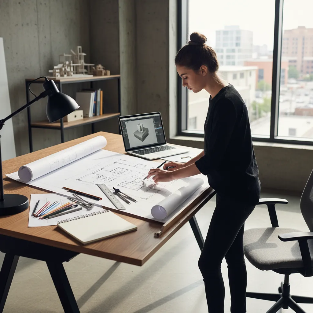 Alumno analizando un plano de distribución de interiores en una mesa de trabajo