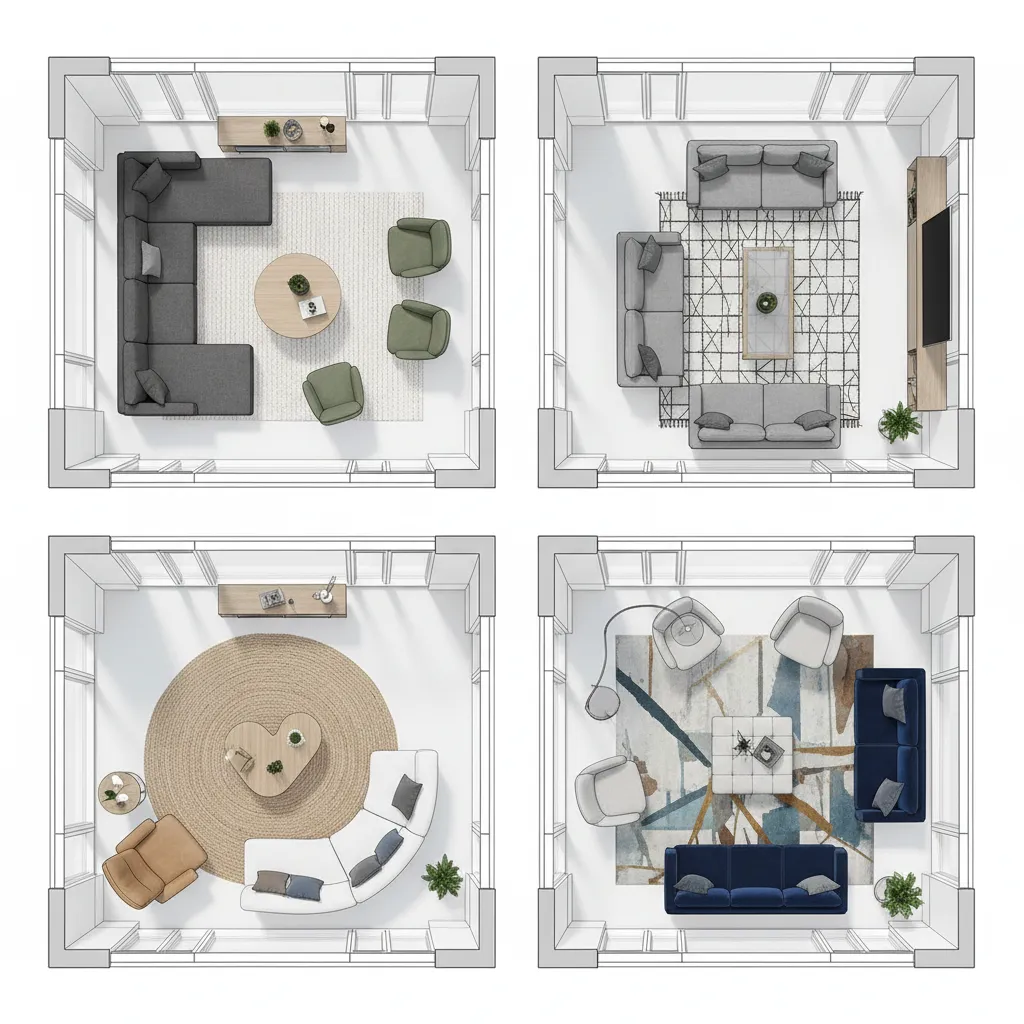 Plano de sala con varias opciones de distribución de muebles