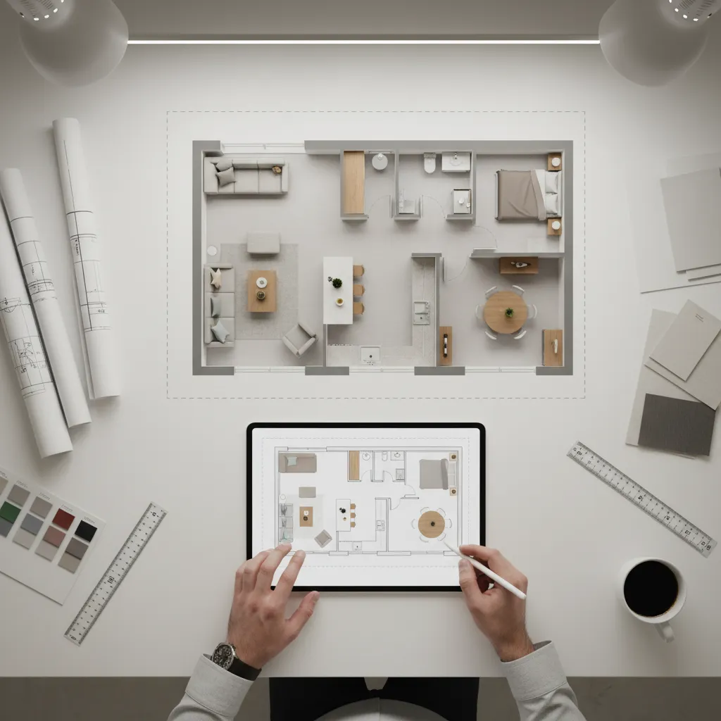 Overhead view of person designing house floor plan layout on tablet with 3D room model